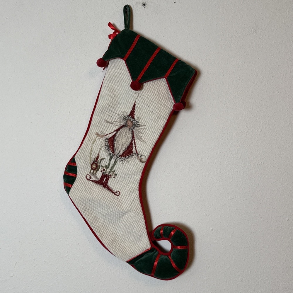 Whimsical Elf Santa Needlepoint Christmas Stocking Green Velvet Curled Toe 20"